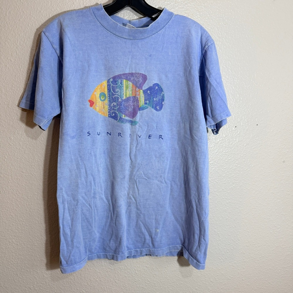 Vintage I Can Too Sport Sunriver Fish Graphic T Shirt Blue Cotton Small USA